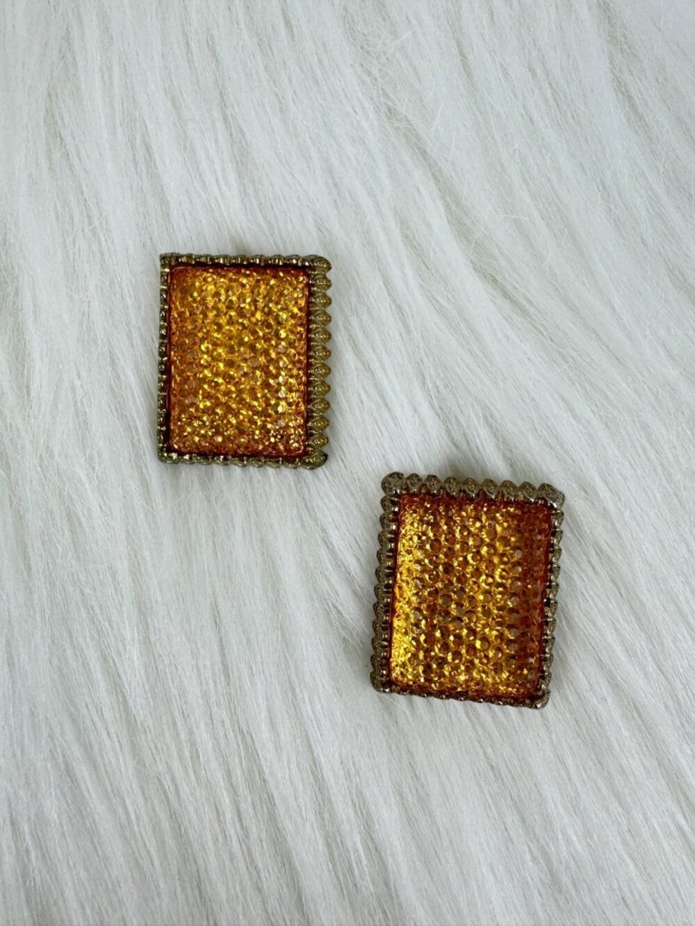 Y2K Gold Tone Textured Frame Orange Amber Lucite Resin Rectangle Pierced Earring